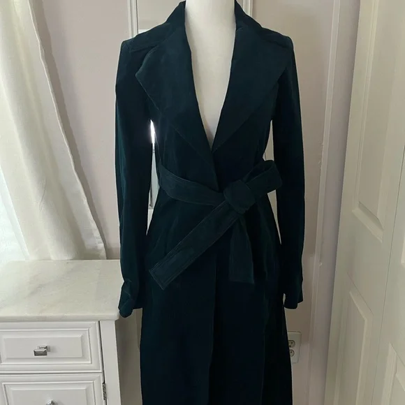 NWT! Theory | Cinched Belted Oslo Corduroy Trench Coat In Green | Size: Petite - Picture 2 of 11
